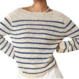 J Crew Montauk Pullover Sweater Cream Navy Blue Stripe Loose Knit Wide Neck XS